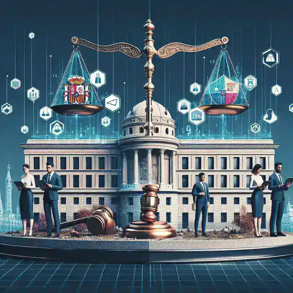 "Representación gráfica del plan nacional de digitalización de la justicia en España, destacando la modernización de procesos judiciales y acceso digital a servicios legales."